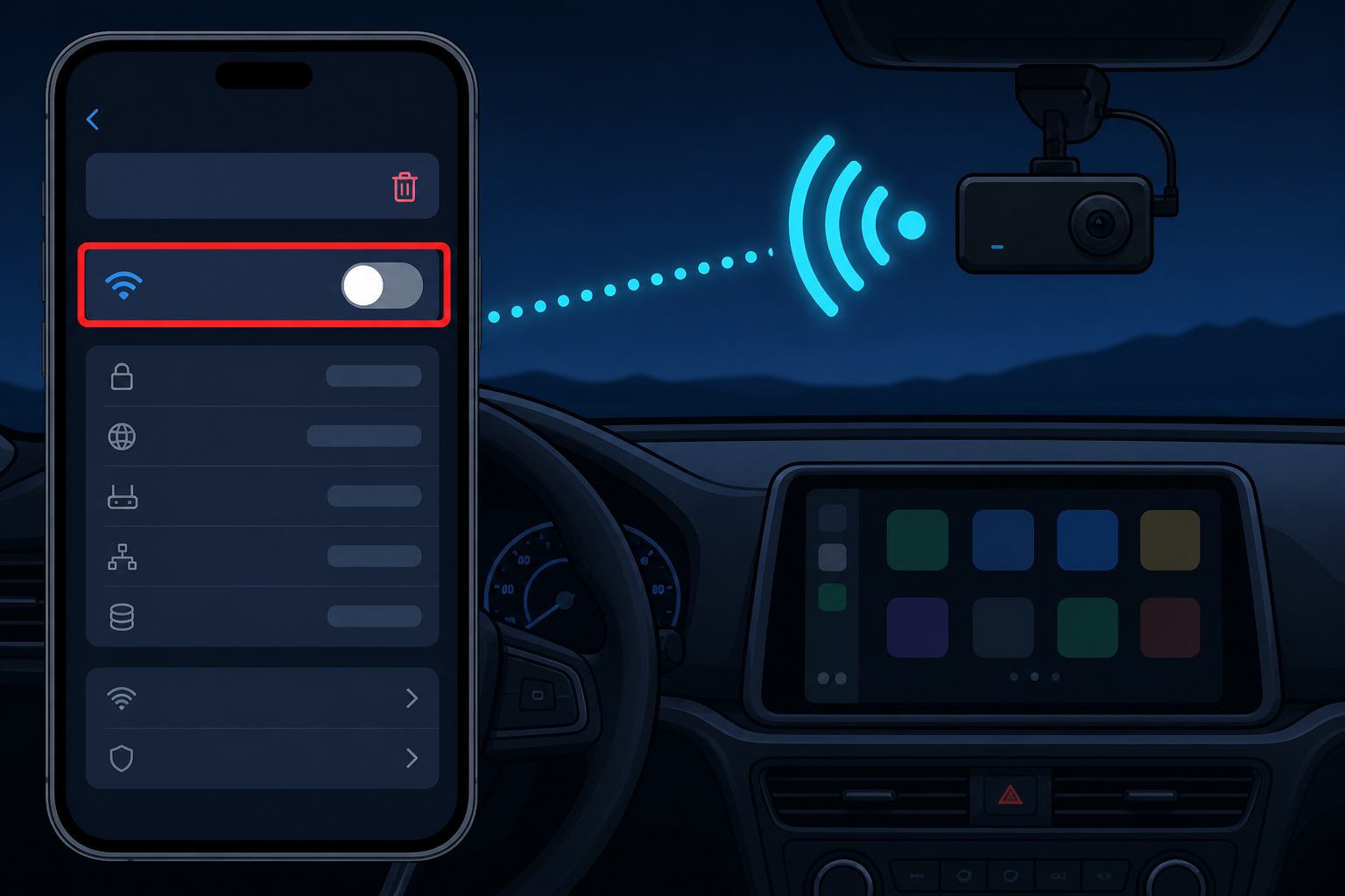 Ustawienia Wi-Fi w telefonie: wyłącz automatyczne łączenie z siecią samochodu, żeby połączyć się z kamerą
